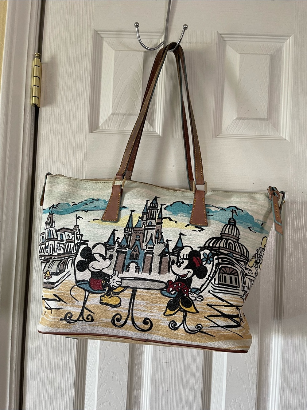 Dooney & Bourke Disney Mickey & Minnie Canvas Tote in Cream, Brown, Blue, Yellow